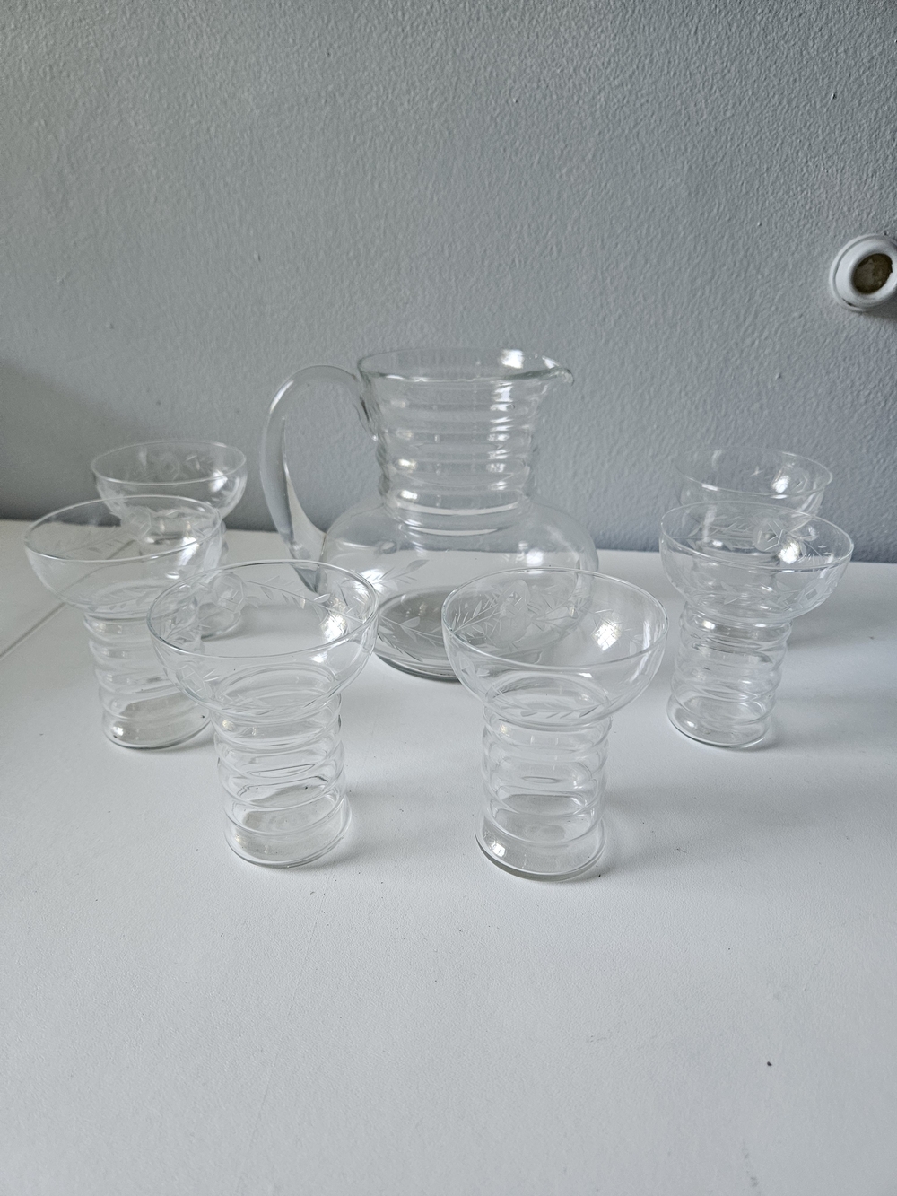 Vintage Dumbar pattern Clear glass pitcher and Glasses set from the 1930s